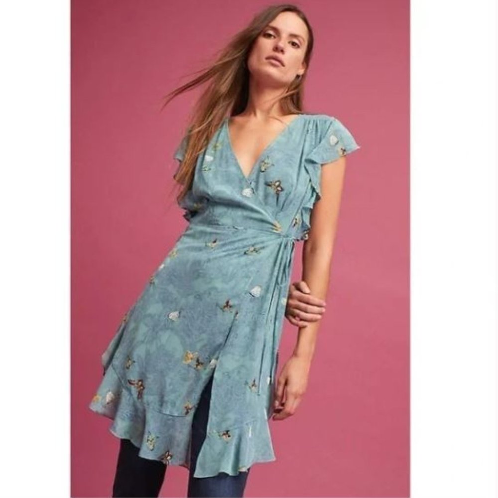 Osuna Wrap Tunic in Turquoise with Butterfly Print by Feather Bone - Size Small
